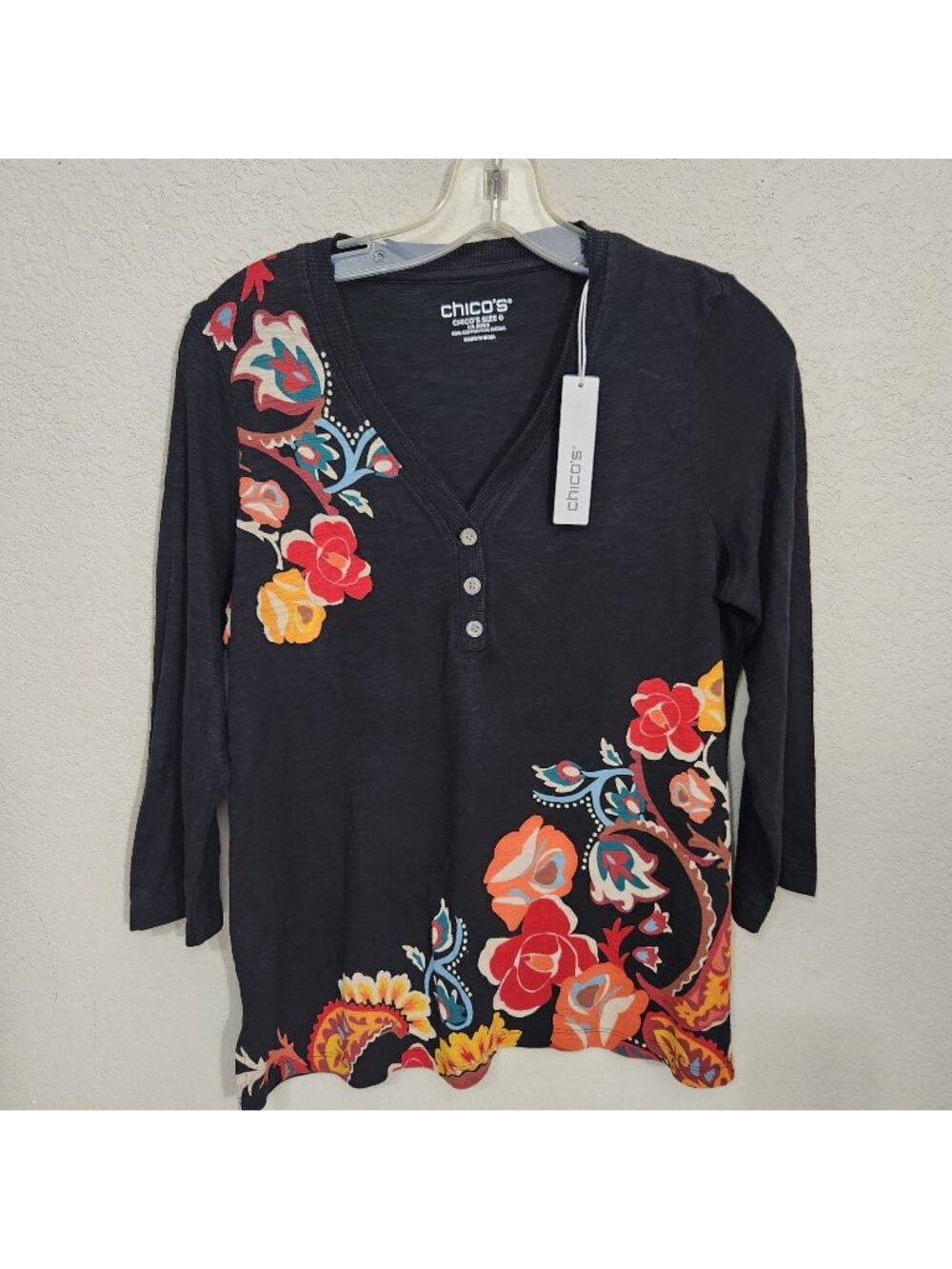 Chicos Black Paisley Floral Cotton Modal 3/4 Sleeve Henley Top Size S NWT